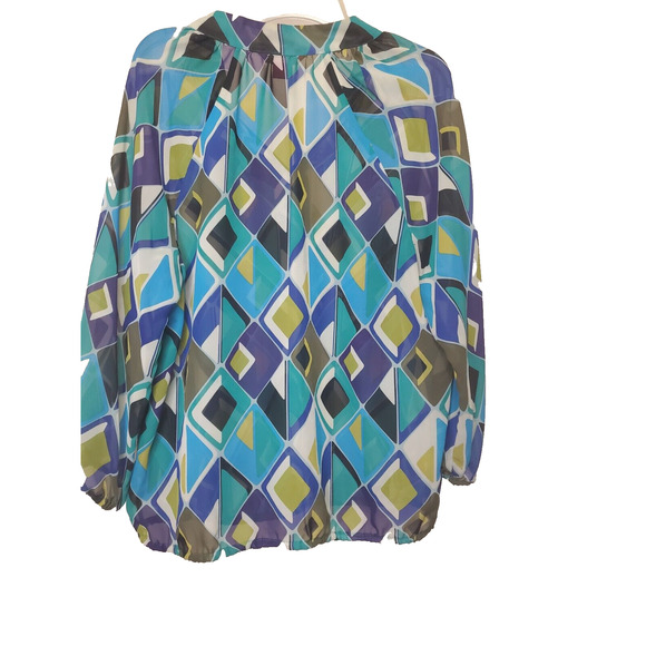 Sunny Leigh Womens Sheer Blue and Green Multicolor V-Neck Artsy Tunic Sz L - Picture 2 of 6